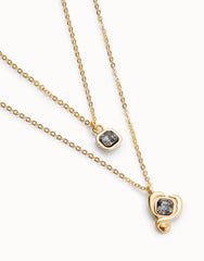 Long Pendant With Double Chain And Heart With Black Crystal - Gold