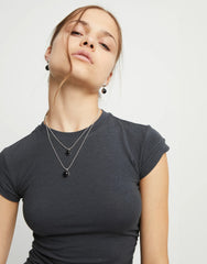 Multi-Layer Pendant Link Necklace With Black Murano Crystal - Silver