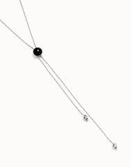 Long Pendant Necklace With Central Black Murano Crystal - Silver