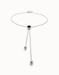Long Pendant Necklace With Central Black Murano Crystal - Silver
