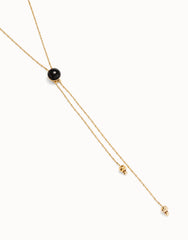 Long Pendant Necklace With Central Black Murano Crystal - Gold
