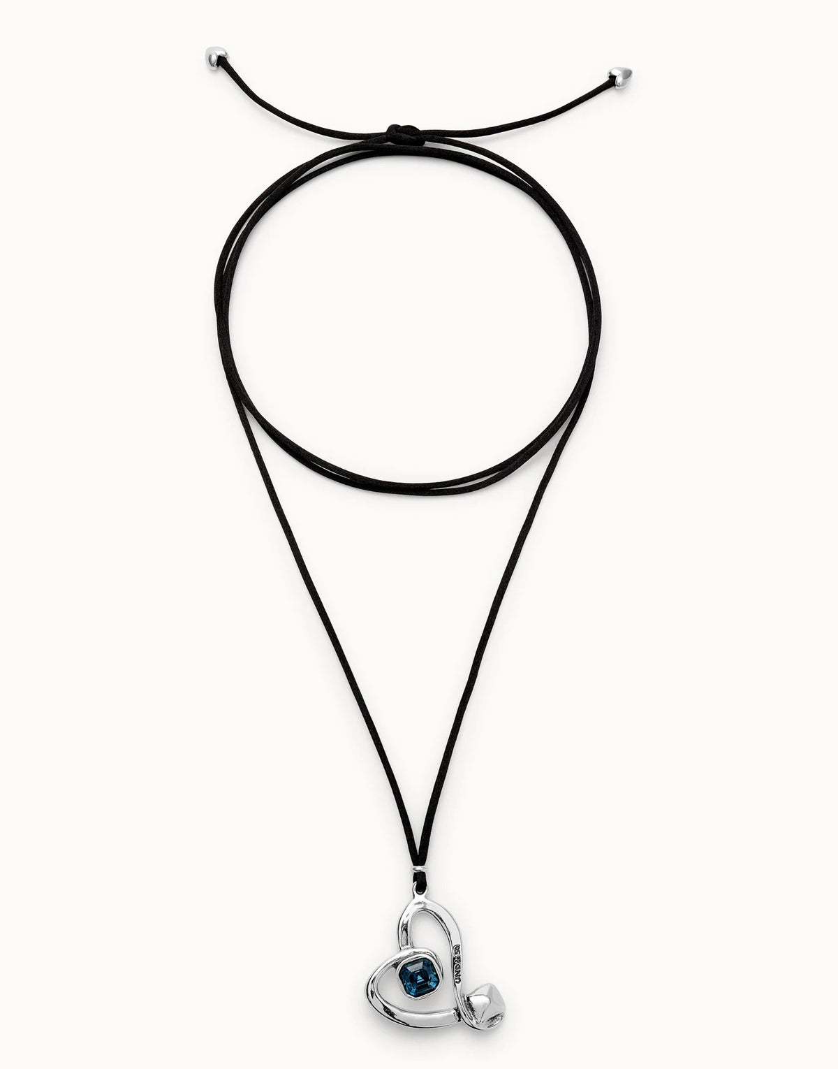 Long Pendant And Central Heart With Blue Crystal - Silver