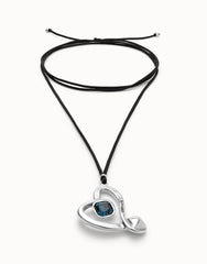 Long Pendant And Central Heart With Blue Crystal - Silver