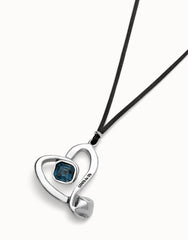 Long Pendant And Central Heart With Blue Crystal - Silver