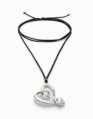 Long Pendant And Central Heart With Transparent Crystal - Silver