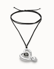 Long Pendant And Central Heart With Black Crystal - Silver