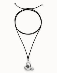 Long Pendant And Central Heart With Black Crystal - Silver