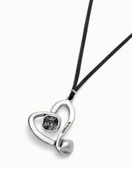 Long Pendant And Central Heart With Black Crystal - Silver