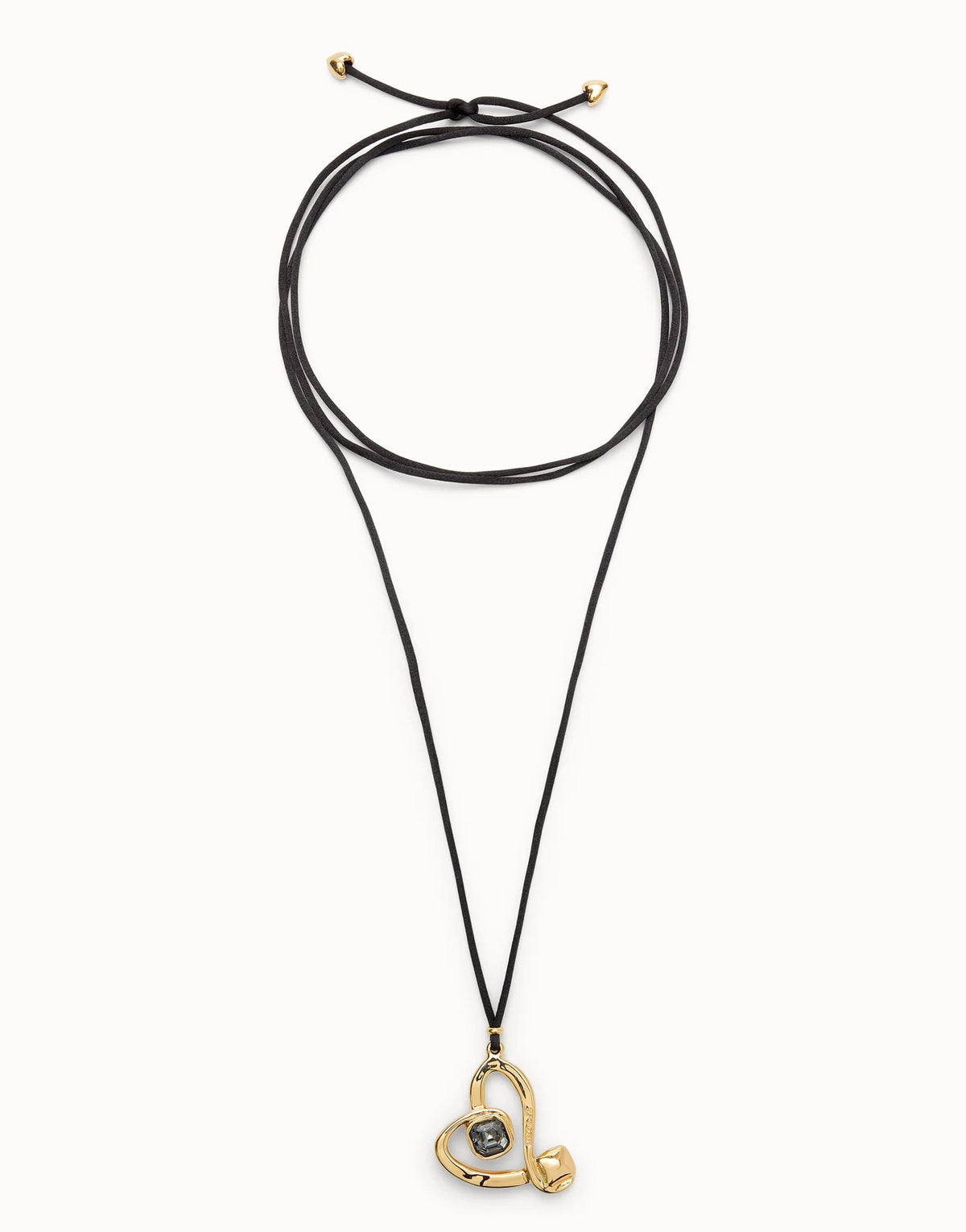 Long Pendant And Central Heart With Black Crystal - Gold