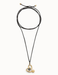 Long Pendant And Central Heart With Black Crystal - Gold