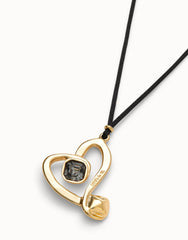 Long Pendant And Central Heart With Black Crystal - Gold