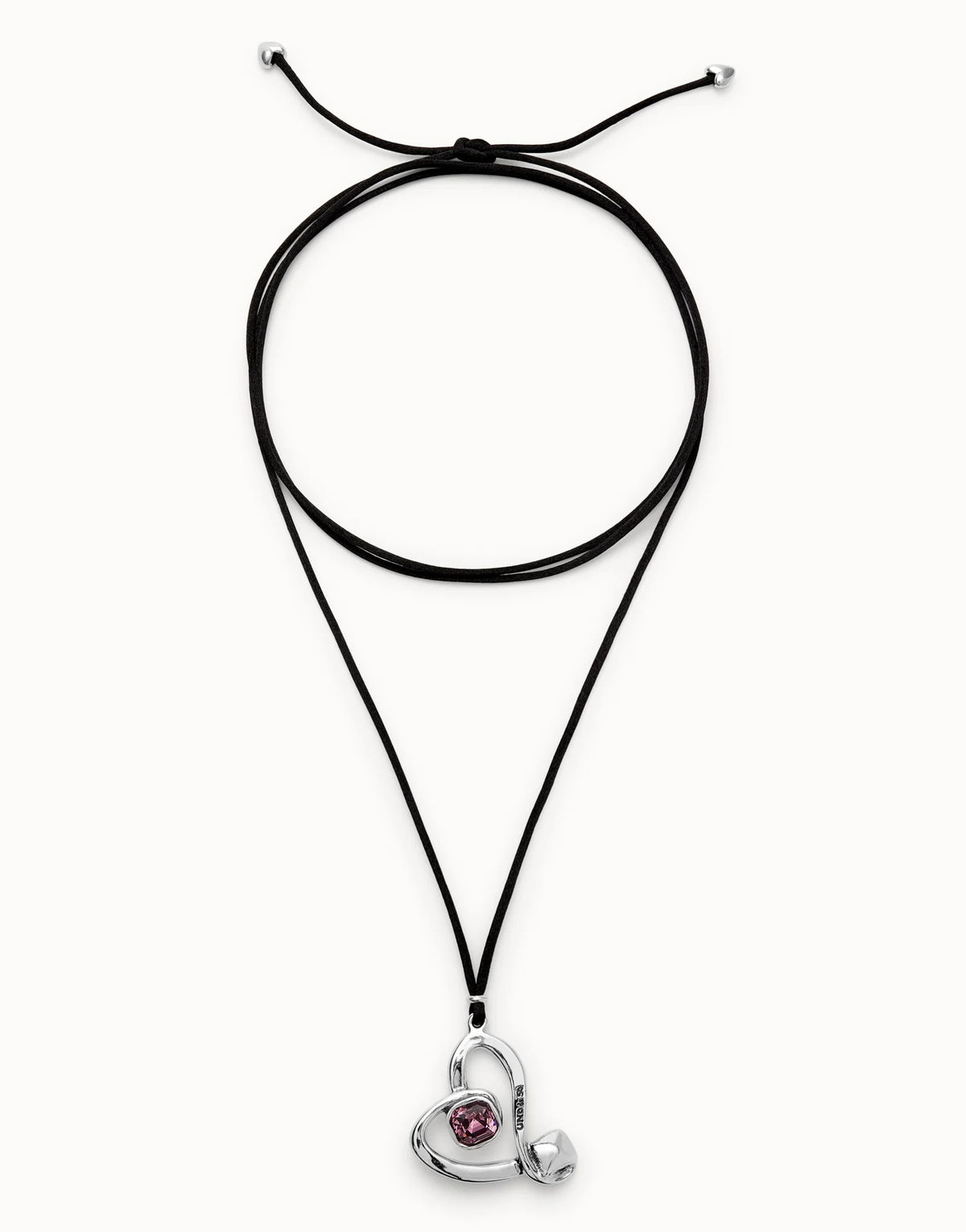 Long Pendant And Central Heart With Pink Crystal - Silver