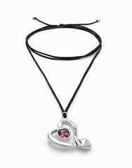 Long Pendant And Central Heart With Pink Crystal - Silver