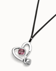 Long Pendant And Central Heart With Pink Crystal - Silver