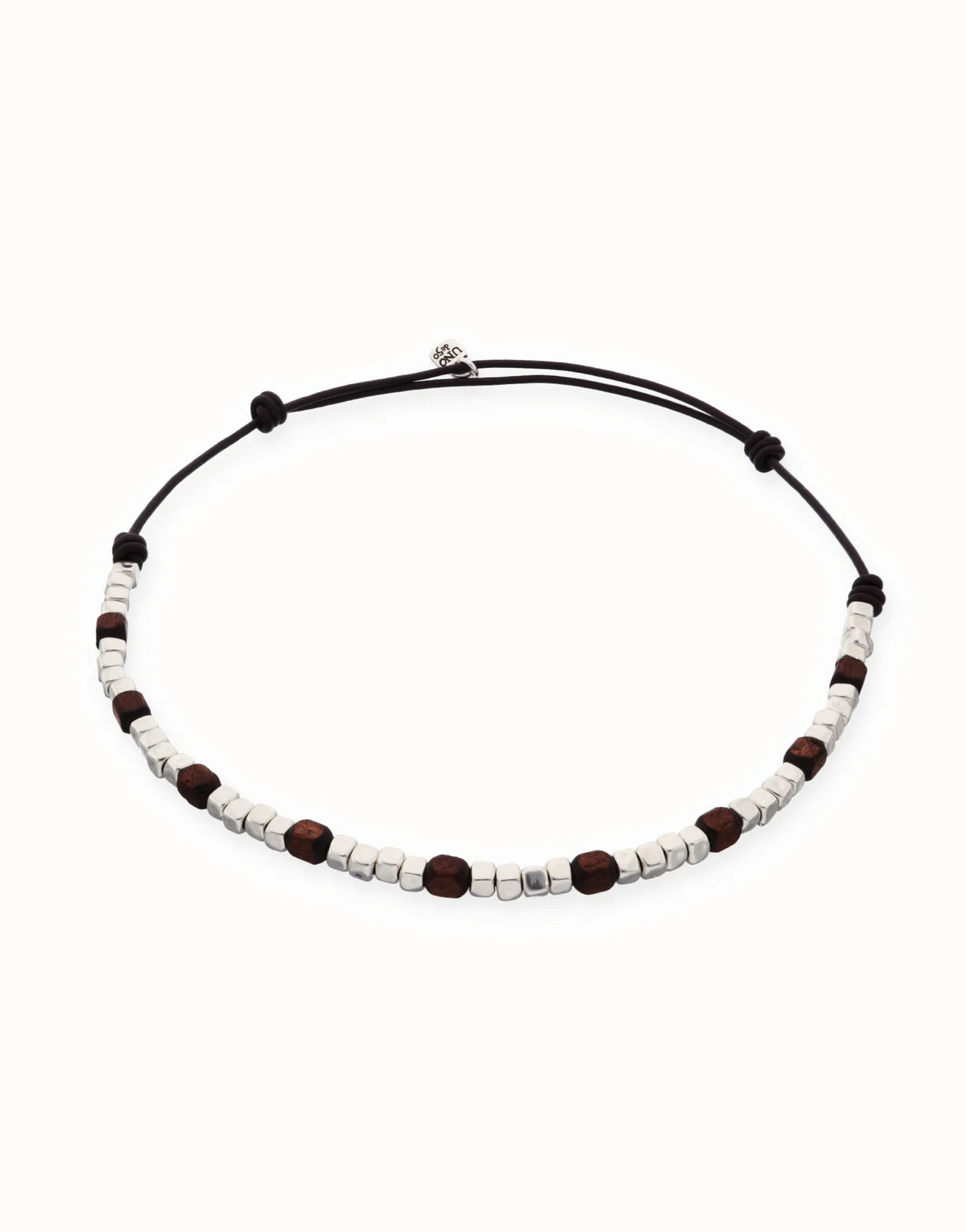 Leather Necklace With Metal Alloy Beads In Silver Sterling And Wood