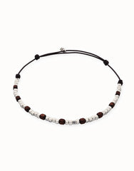 Leather Necklace With Metal Alloy Beads In Silver Sterling And Wood