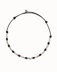 Leather Necklace With Metal Alloy Beads In Silver Sterling And Wood