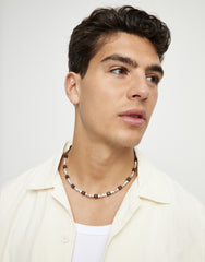 Leather Necklace With Metal Alloy Beads In Silver Sterling And Wood