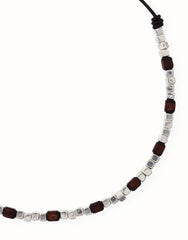 Leather Necklace With Metal Alloy Beads In Silver Sterling And Wood