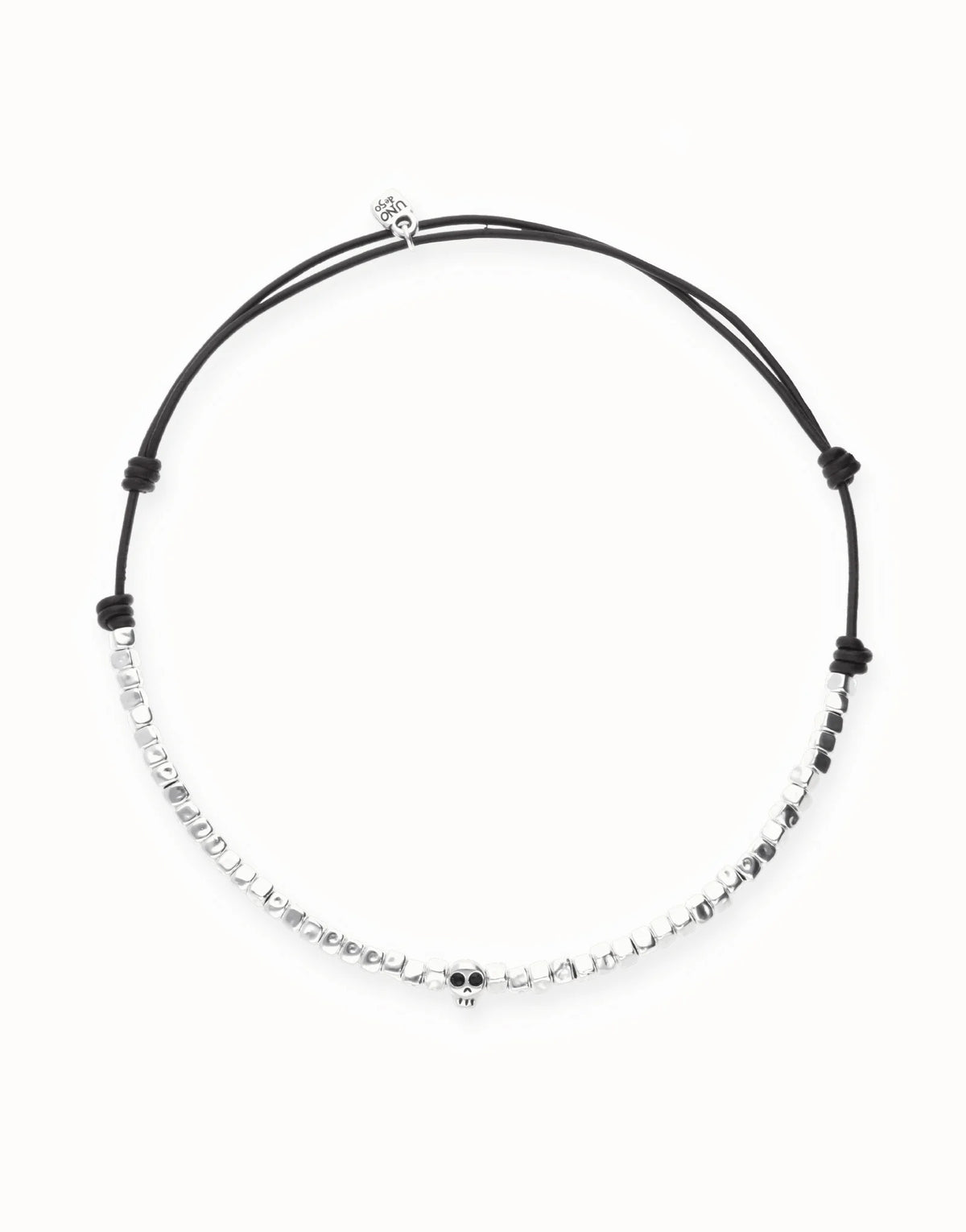 Leather Necklace With Metal Alloy Beads In Silver Sterling With Skull Detail