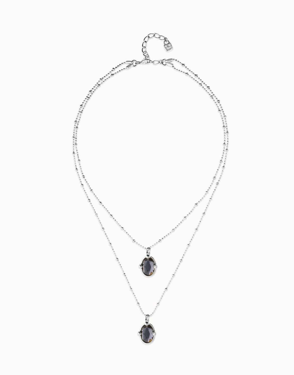 Double Necklace With 2 Small Faceted Crystals - Silver