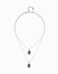 Double Necklace With 2 Small Faceted Crystals - Silver