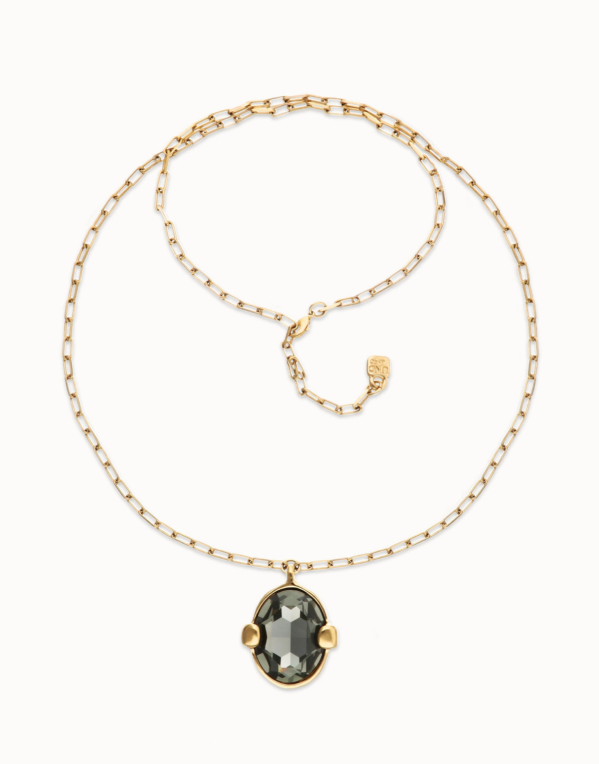 Long Necklace Plated In 18K Gold With A Grey Faceted Crystal
