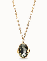 Long Necklace Plated In 18K Gold With A Grey Faceted Crystal