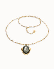 Long Necklace Plated In 18K Gold With A Grey Faceted Crystal