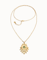 Long Mecklace In Gold 18K With Small Eye Detail And Green Faceted Crystal