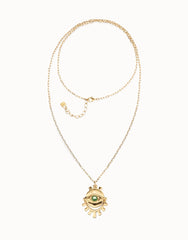 Long Mecklace In Gold 18K With Small Eye Detail And Green Faceted Crystal