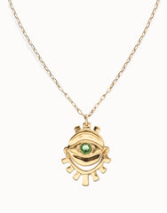 Long Mecklace In Gold 18K With Small Eye Detail And Green Faceted Crystal