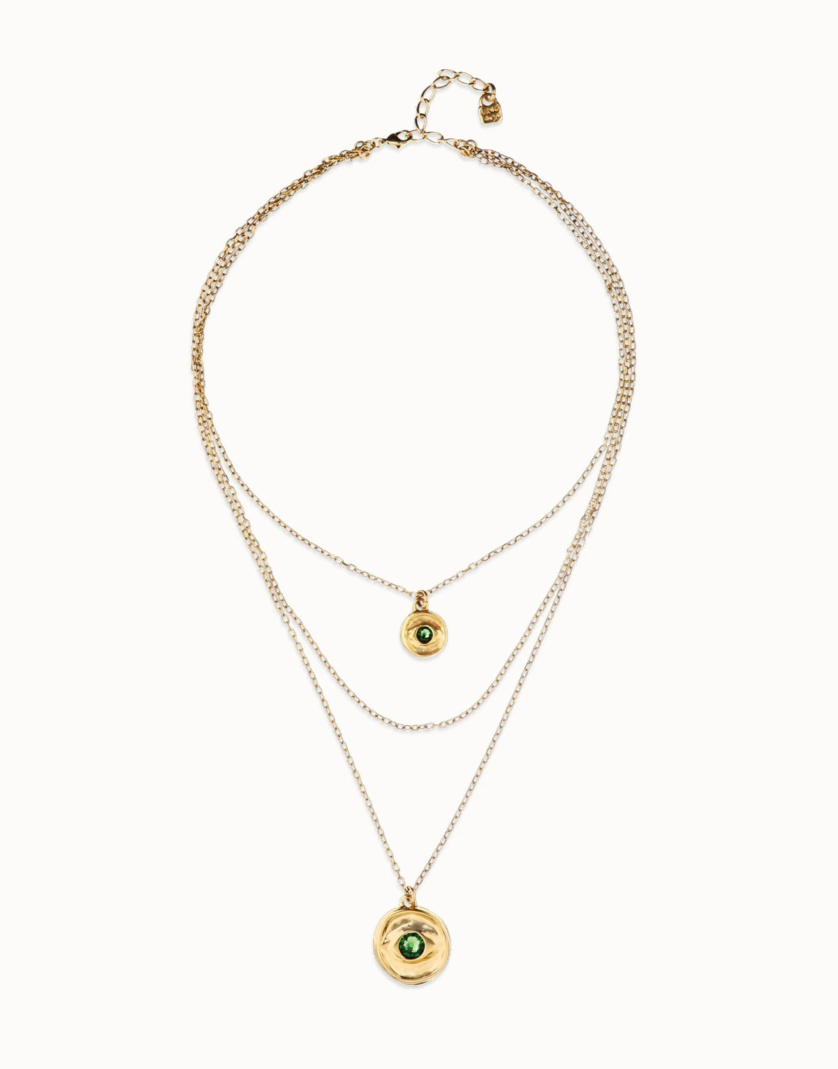 Triple Necklace Pleared In Gold 18K With 2 Eye Charms With Green Faceted Crystal