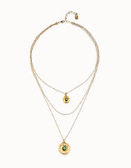 Triple Necklace Pleared In Gold 18K With 2 Eye Charms With Green Faceted Crystal