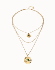 Triple Necklace Pleared In Gold 18K With 2 Eye Charms With Green Faceted Crystal