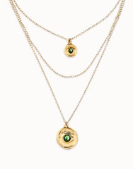 Triple Necklace Pleared In Gold 18K With 2 Eye Charms With Green Faceted Crystal