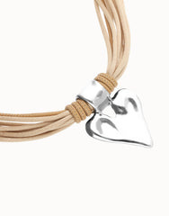 Mixed Beige Silk And Leather Thread Necklace With Sterling Silver Heart Detail