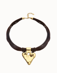 Mixed Dark Brown Silk And Leather Thread Necklace With 18K Gold Heart Detail