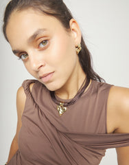 Mixed Dark Brown Silk And Leather Thread Necklace With 18K Gold Heart Detail