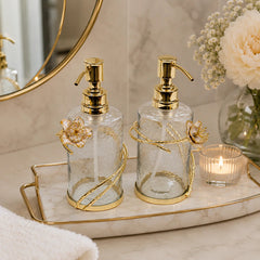 Glass Soap & Lotion Dispenser with Gold Enamel Flower Design