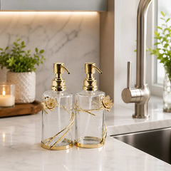 Glass Soap & Lotion Dispenser with Gold Enamel Flower Design