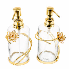 Glass Soap & Lotion Dispenser with Gold Enamel Flower Design