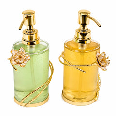 Glass Soap & Lotion Dispenser with Gold Enamel Flower Design