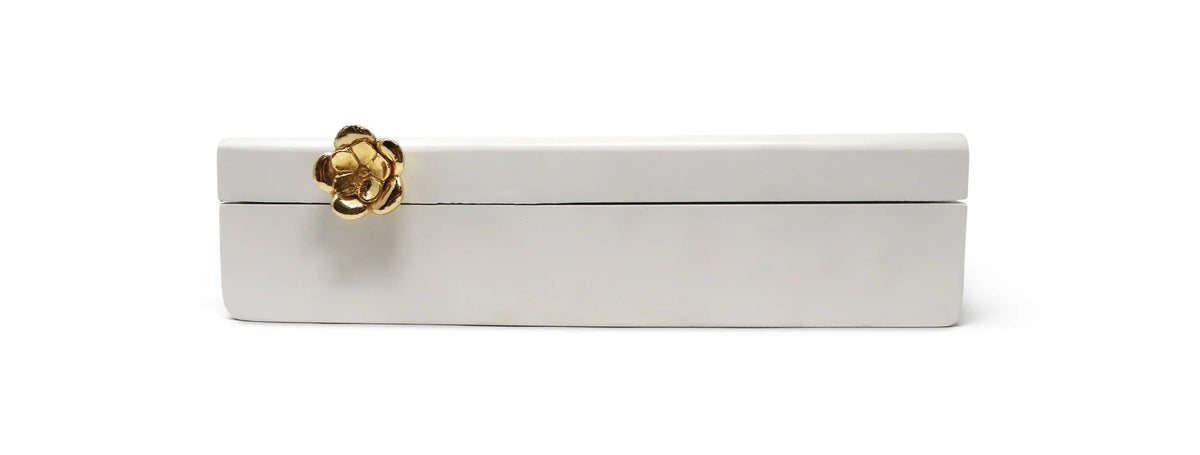 Rectangular White Wood Decorative Box with Gold Flower Detail - Large