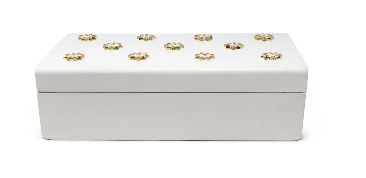White Wooden Decorative Box with Gold Flower Beads