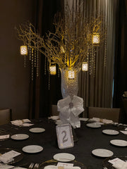 Elegant Gold Branch Centerpiece with Glass Vase, Pearls, and Candlelight Rental