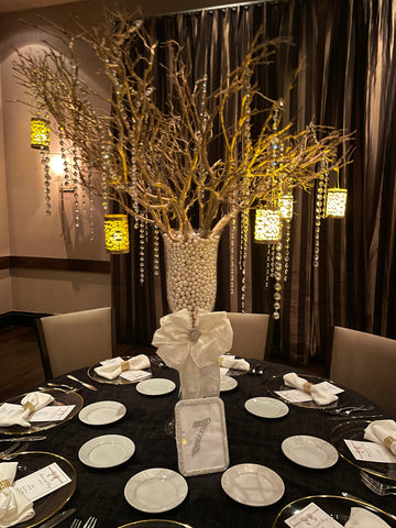 Elegant Gold Branch Centerpiece with Glass Vase, Pearls, and Candlelight Rental