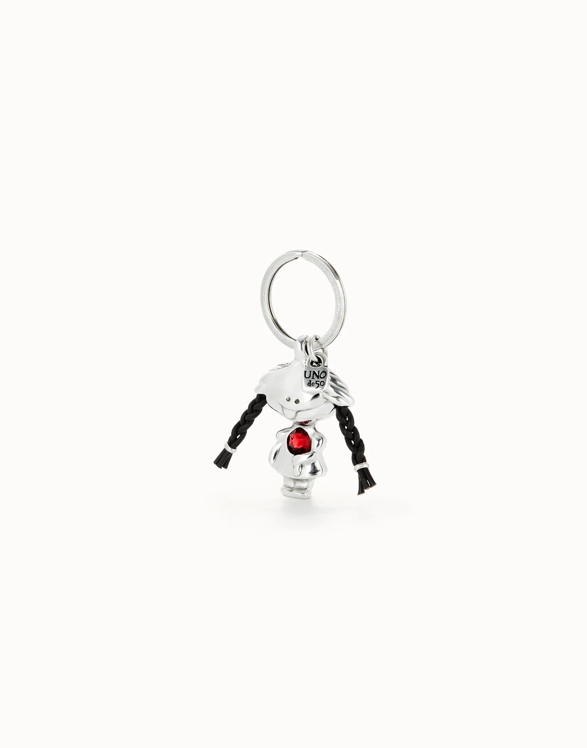 Silver Keychain With Red Faceted Crystal And Leather
