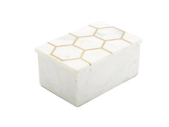 White Marble Decorative Box W/ Gold Hexagon Design On cover