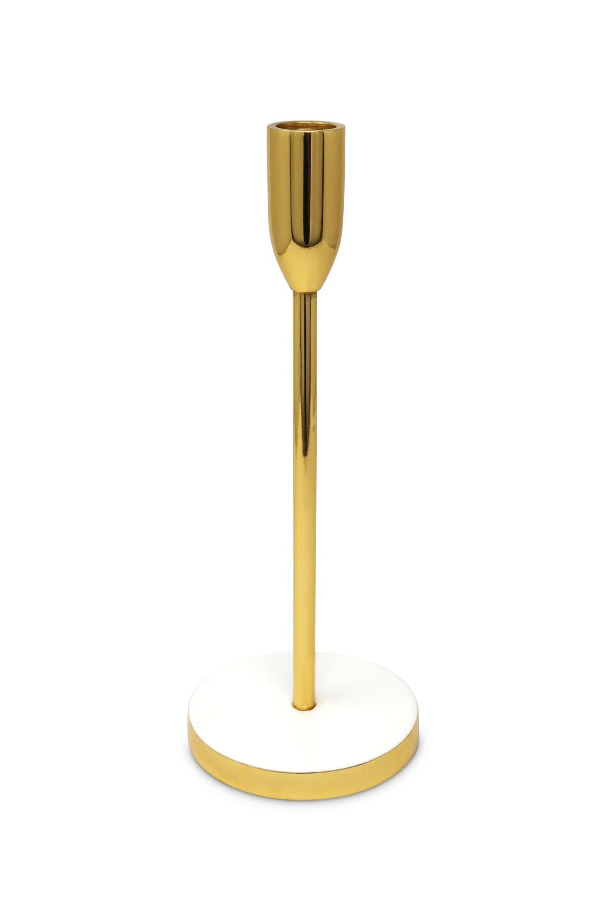 Gold Taper Candle Holder on White Marble Base - 10"H